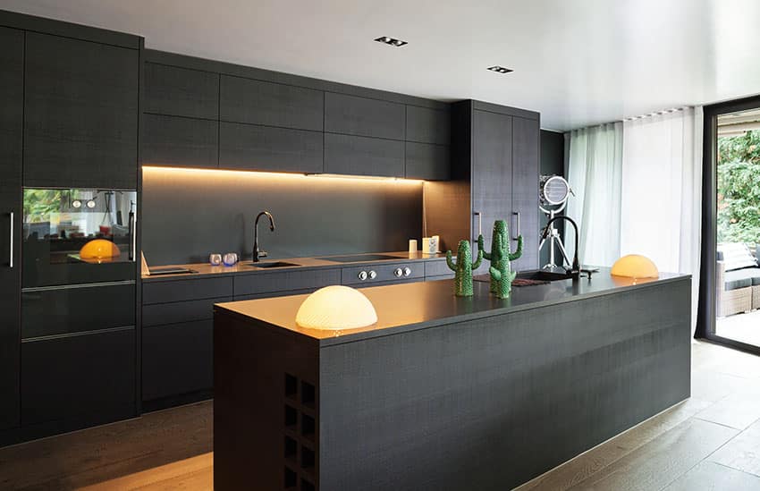 Modern black cabinet single wall kitchen with island
