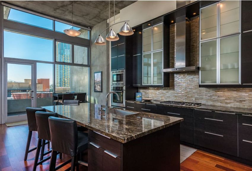 Frosted glass doors, counter island and maple wood material for floors