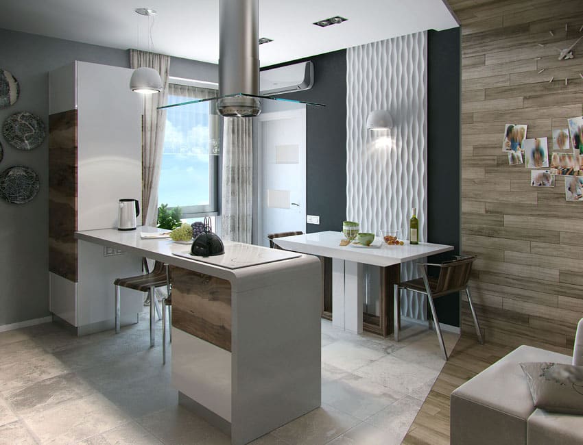 Kitchen with wood accent wall, white dining table and wall art
