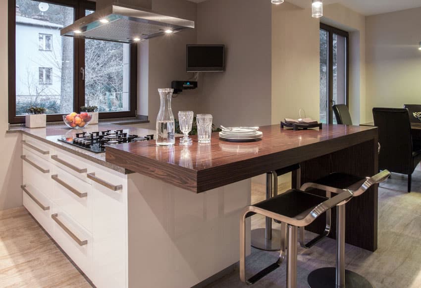 Kitchen with glossy cabinet drawers, black seated chrome stools and wood flooring