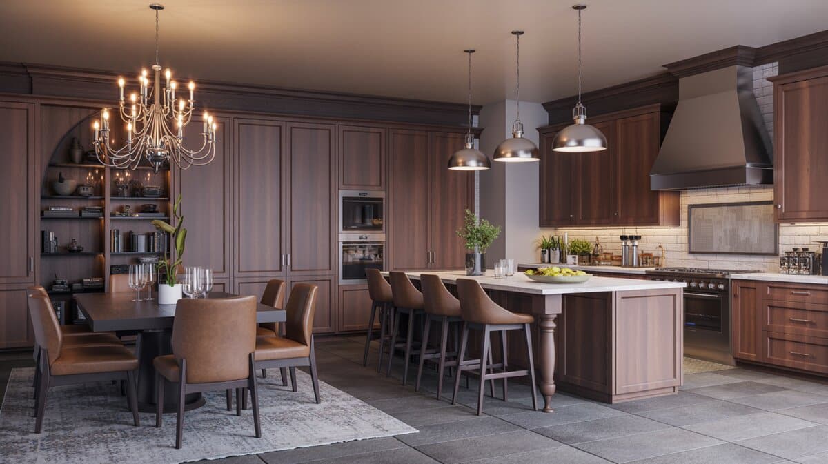 Walnut cabinets with silver chandelier and chrome dome pendants over a marble island