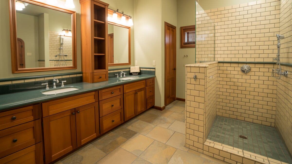Cherry vanity with green granite top beside a cream subway tile walk-in shower