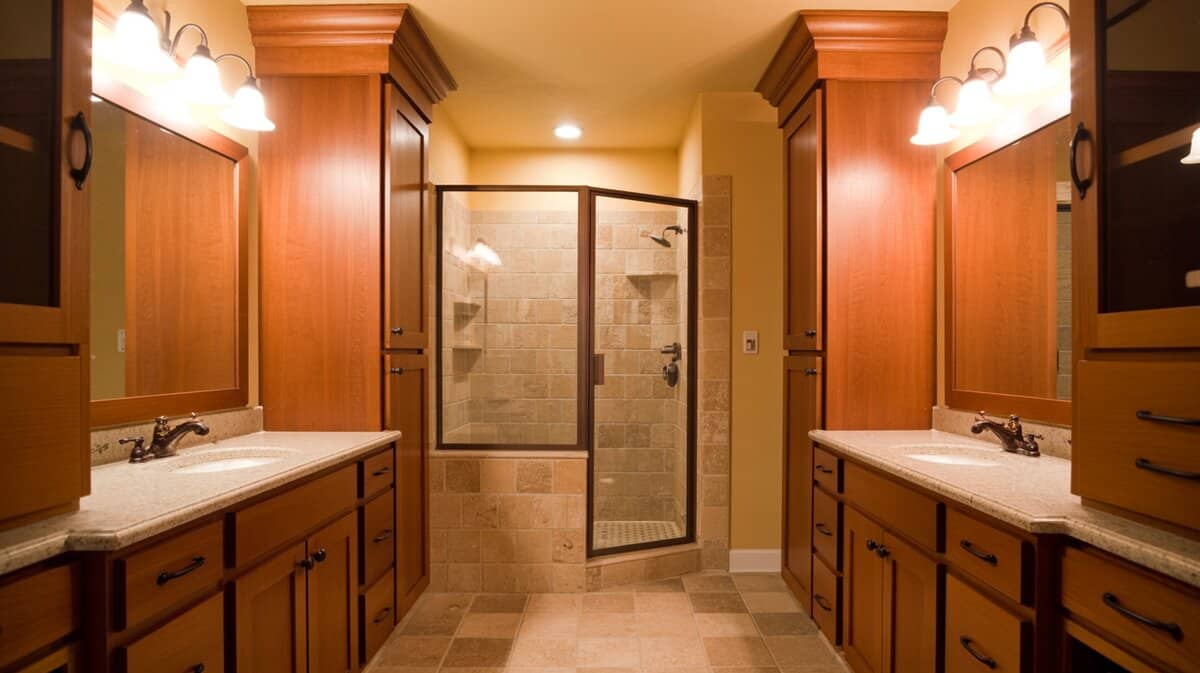 Twin fruitwood vanities flank a bronze framed travertine shower enclosure