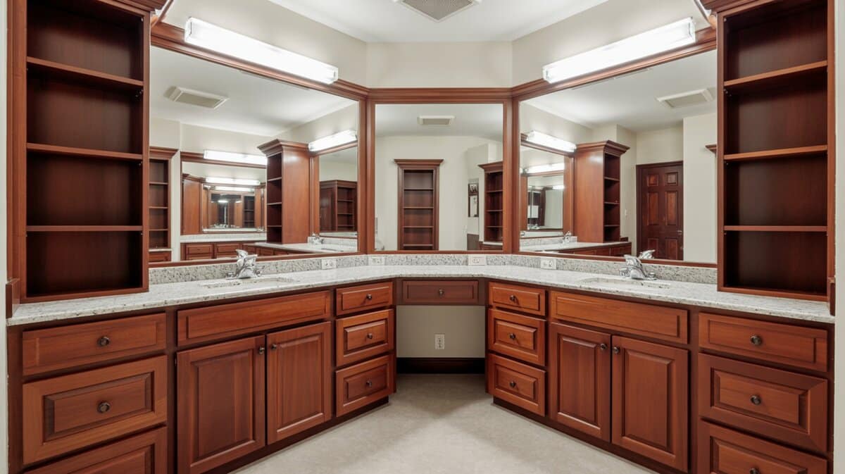 Cherry wood vanities with light granite wrap around a corner makeup station