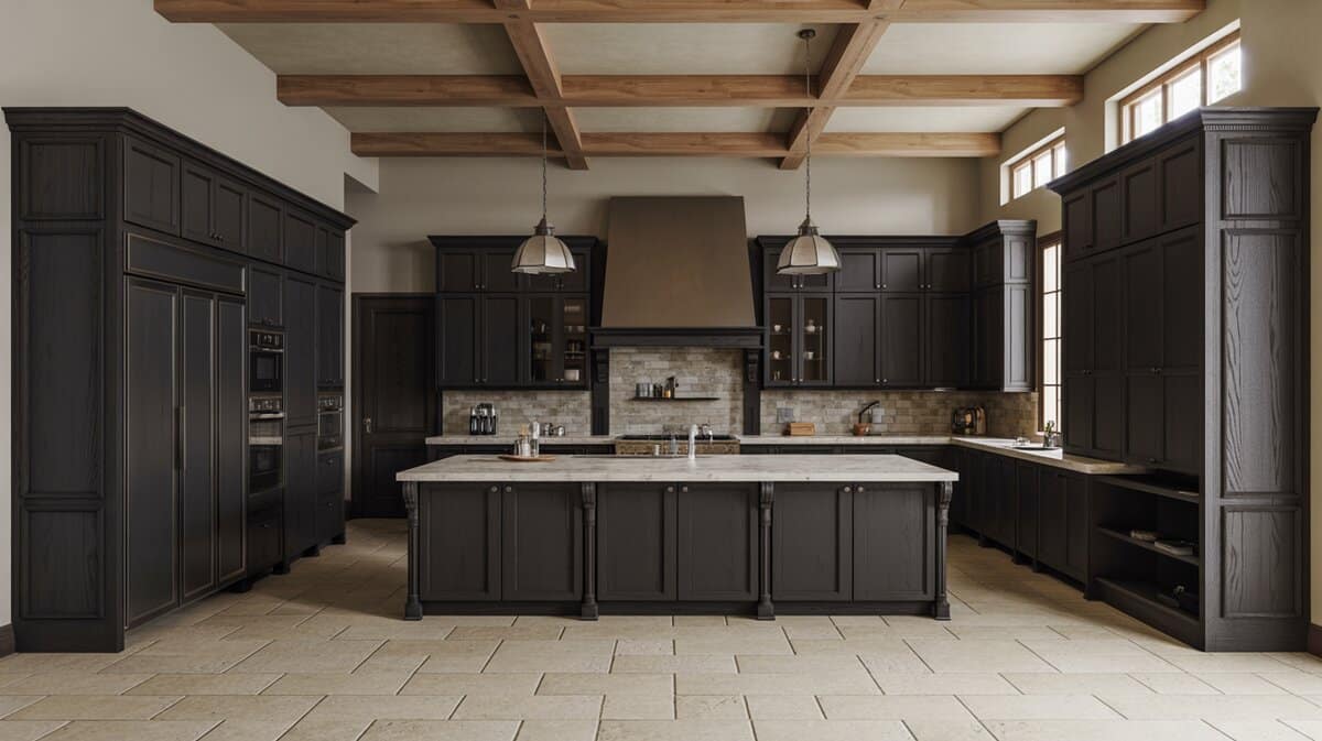 Charcoal cabinets under a wood beam ceiling with marble island and limestone floor
