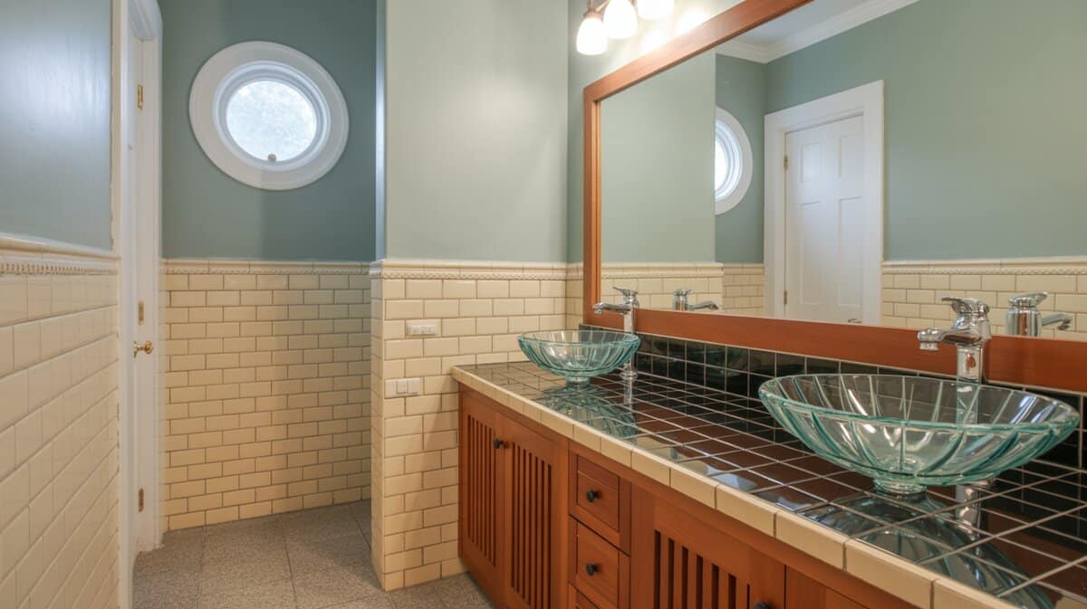 Teak vanity holds glass vessel bowls below a round window and sage walls