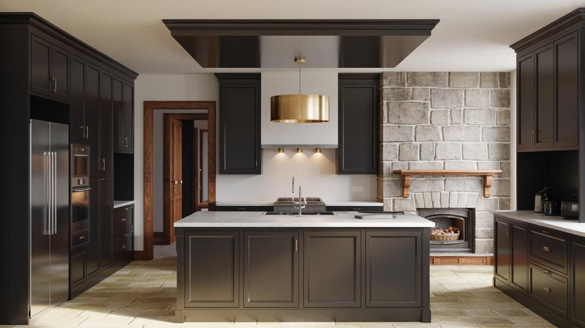 Dark cabinets with gold drum pendant beside a stone fireplace and white island