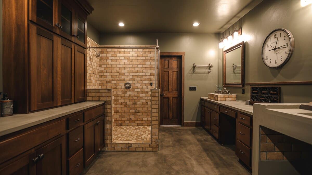 Dark wood cabinets and concrete counters with a round wall clock
