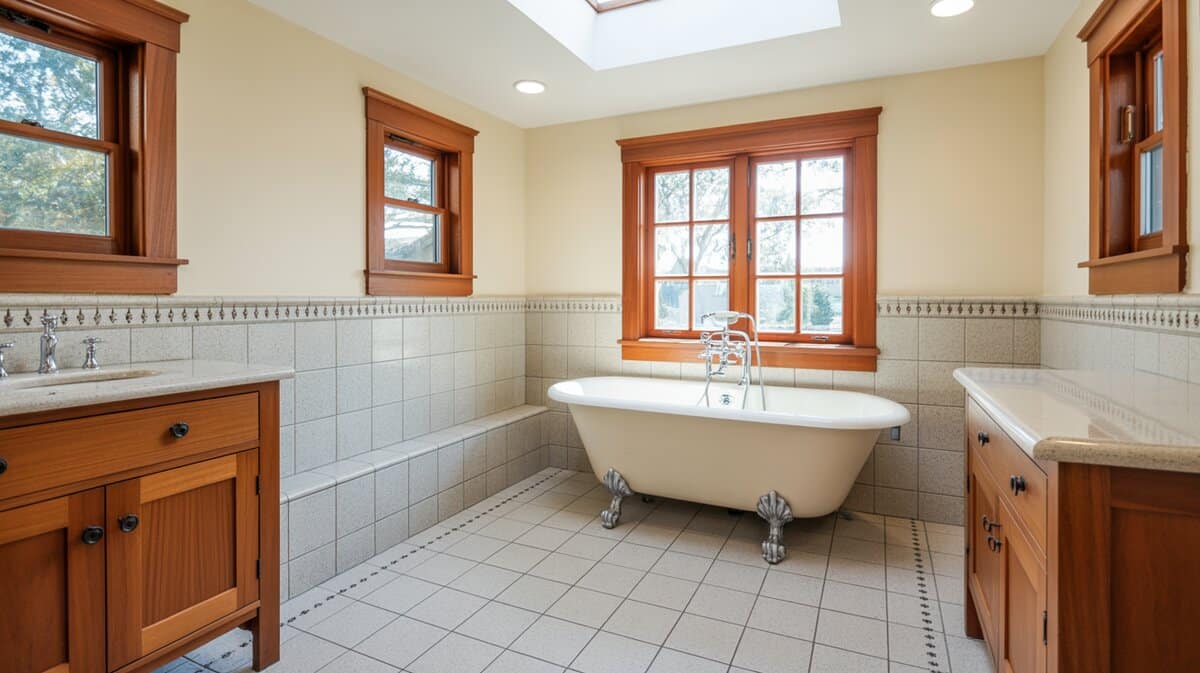 White clawfoot tub sits below a skylight between teak framed windows