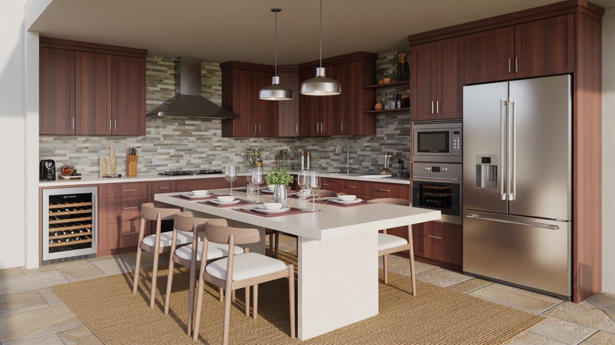 Cherry wood kitchen with white quartz dining island and stacked stone backsplash
