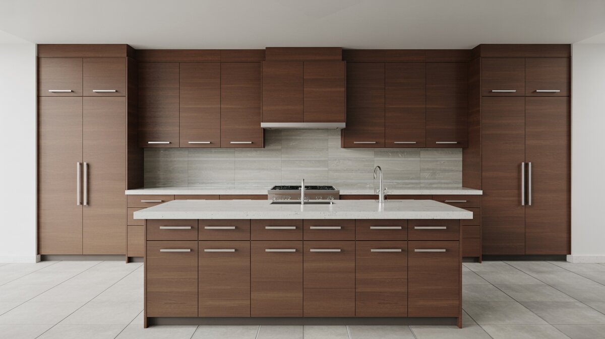 Minimalist walnut cabinets with white quartz island and pale porcelain tile floor
