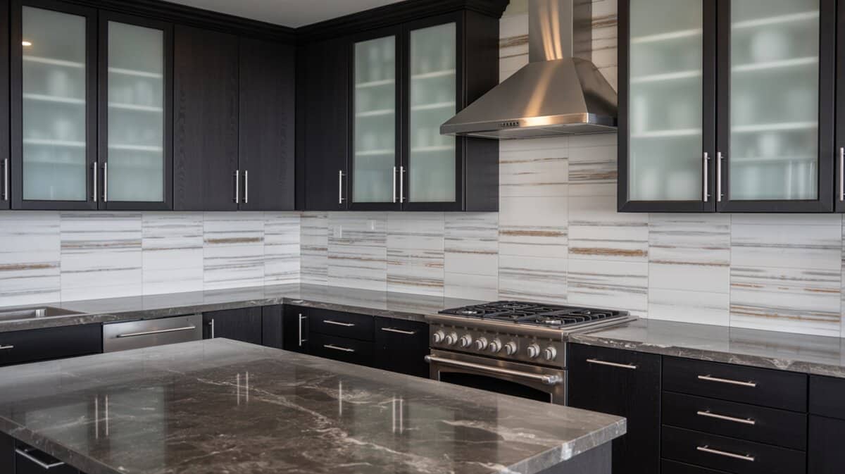 Frosted glass dark cabinets with five burner range and striped marble backsplash