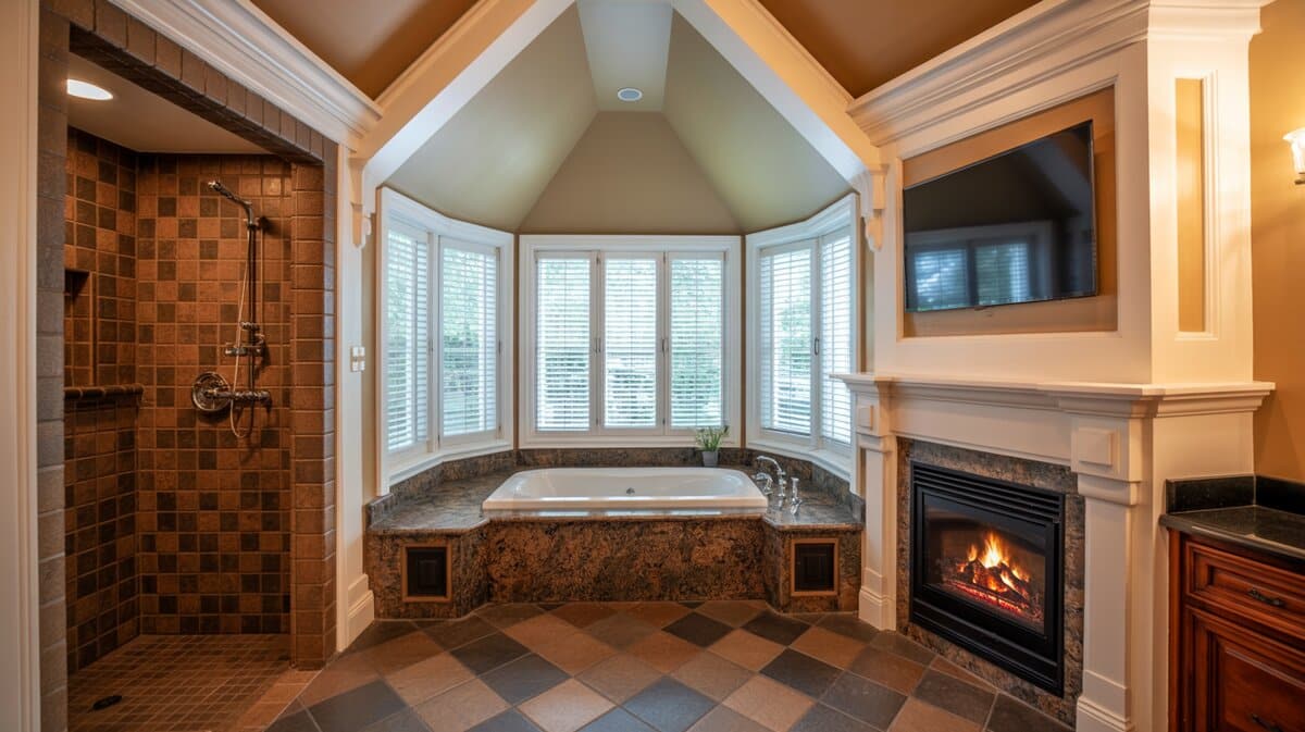 Drop-in tub under a cathedral ceiling beside a fireplace and television