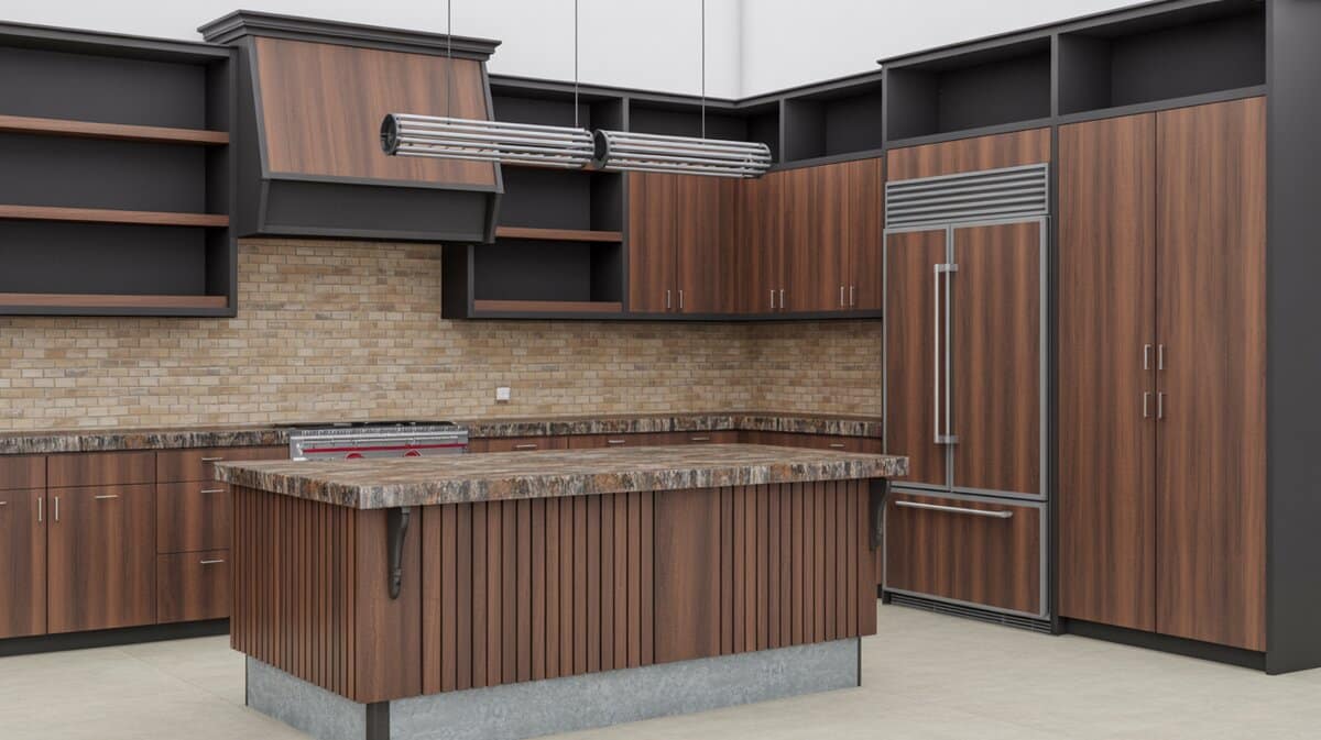 Walnut slatted island with brown granite counters and black open shelving