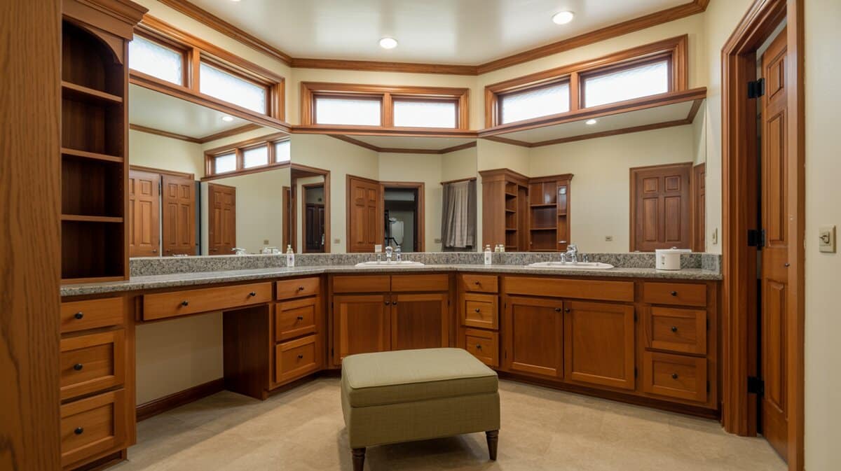 L-shaped honey oak vanity wraps the room around a green ottoman