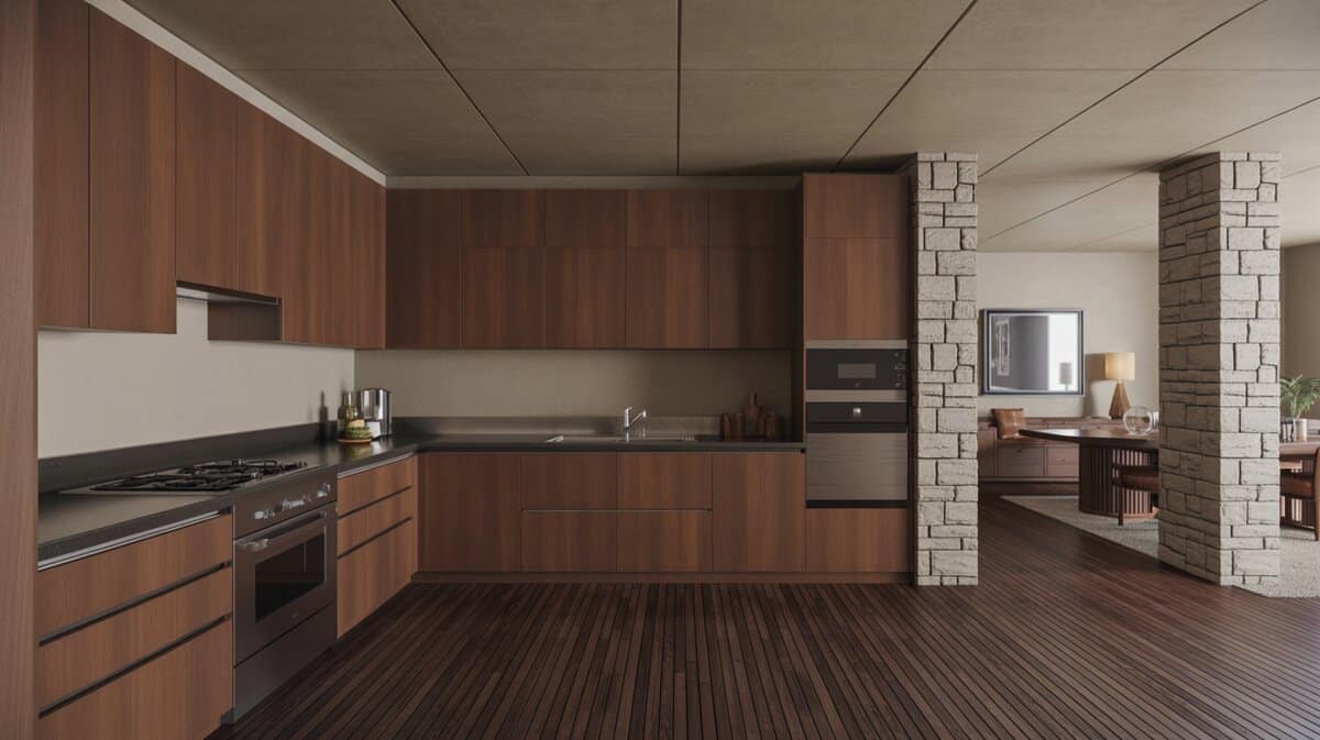 Walnut galley kitchen with stone columns opening to a wood floor lounge