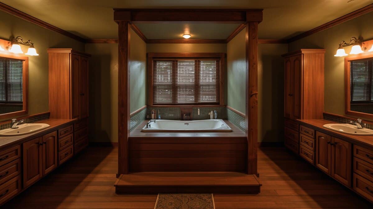 Drop-in tub framed by two wood pillars between dark twin vanities