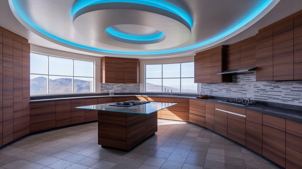 Curved wood kitchen with glass island under blue ceiling lights and mountain views