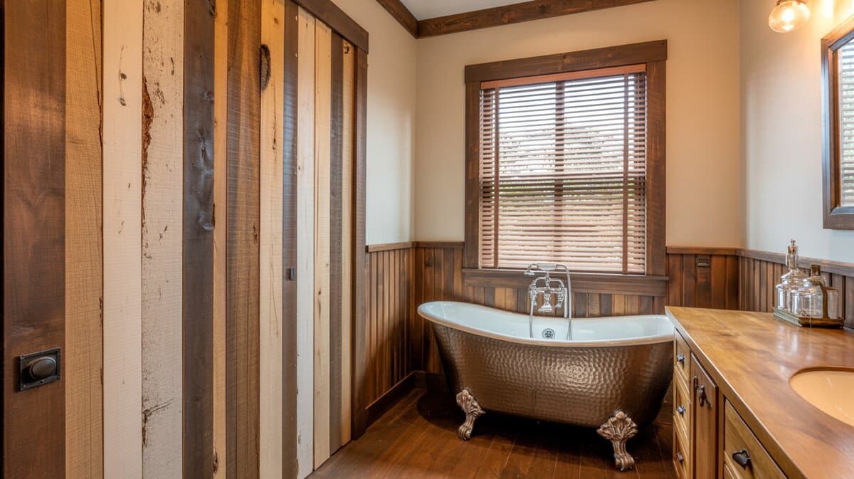 Hammered copper clawfoot tub beside a salvaged wood plank wall