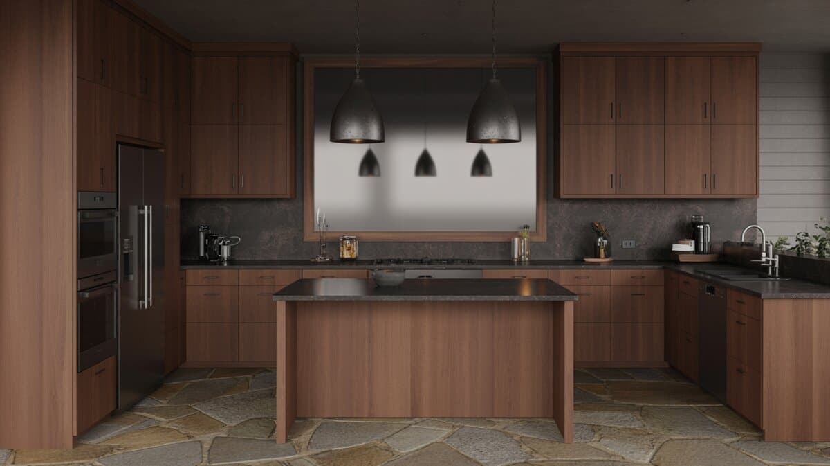 Warm wood cabinets with black dome pendants, a mirror and flagstone floor