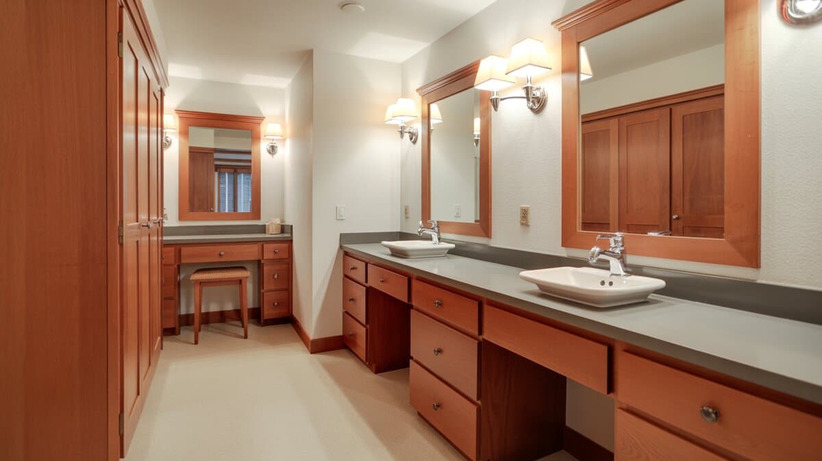 Chestnut vanity with gray soapstone holds vessel sinks and a makeup nook