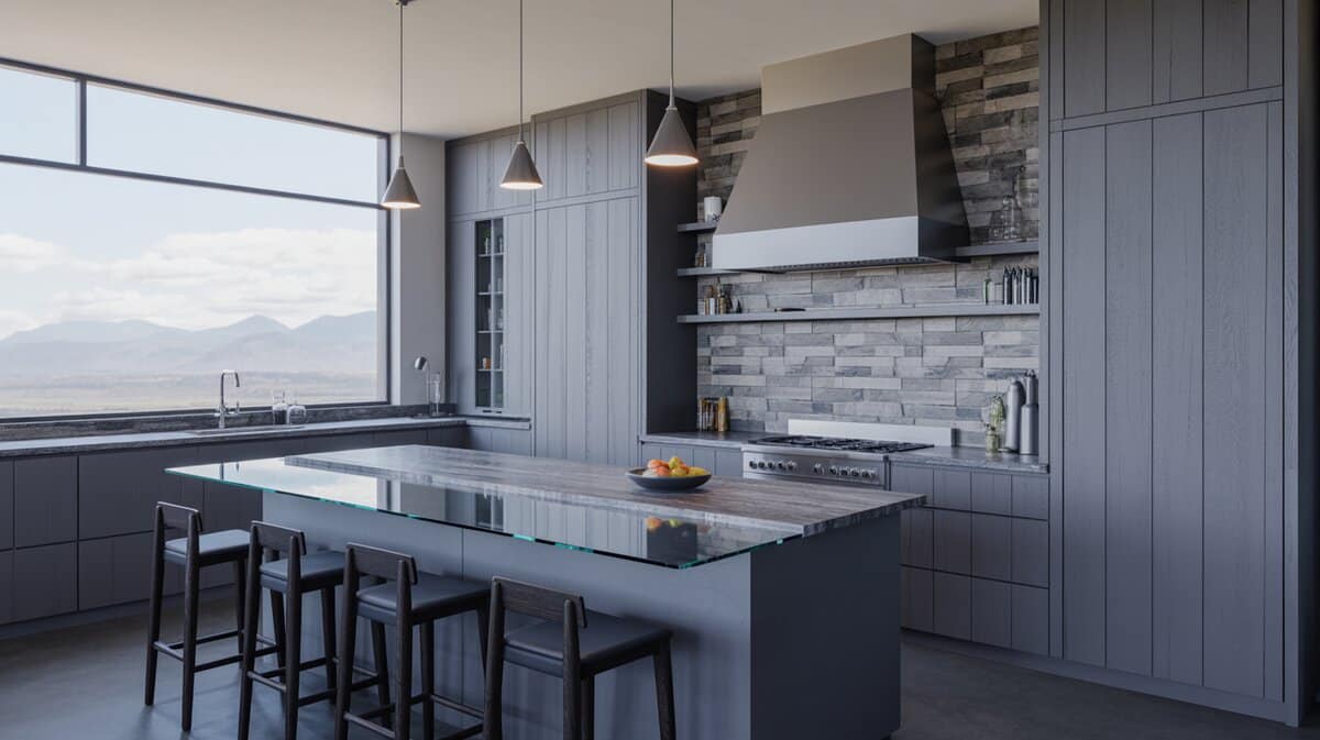 Grey wood kitchen with cone pendants, marble island and stacked stone backsplash