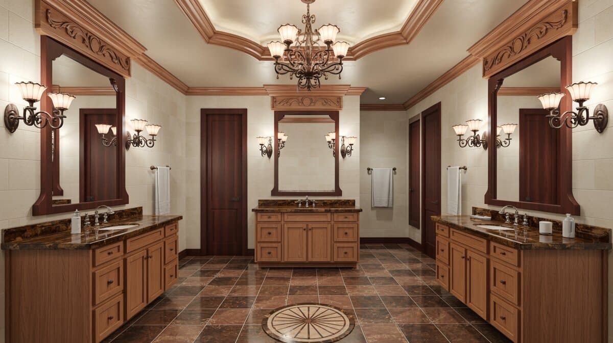 Brown marble floor with rosette inlay under iron chandeliers and oak vanities
