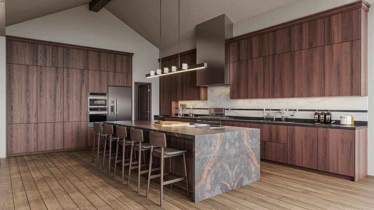 Walnut cabinets with grey veined marble waterfall island under a vaulted ceiling