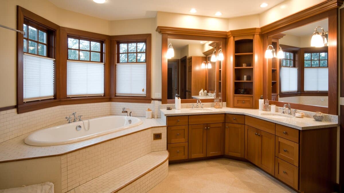 Oval tub on a tiled platform beside a corner cherry vanity
