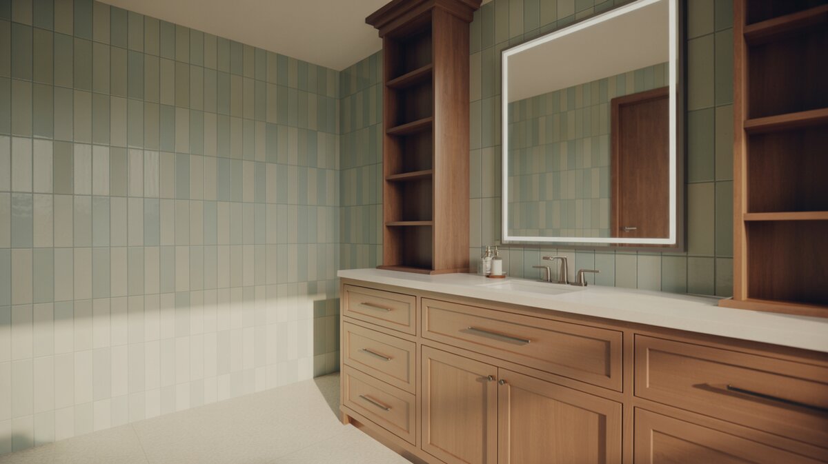 Light oak floating vanity against vertical sage green tile with a backlit mirror