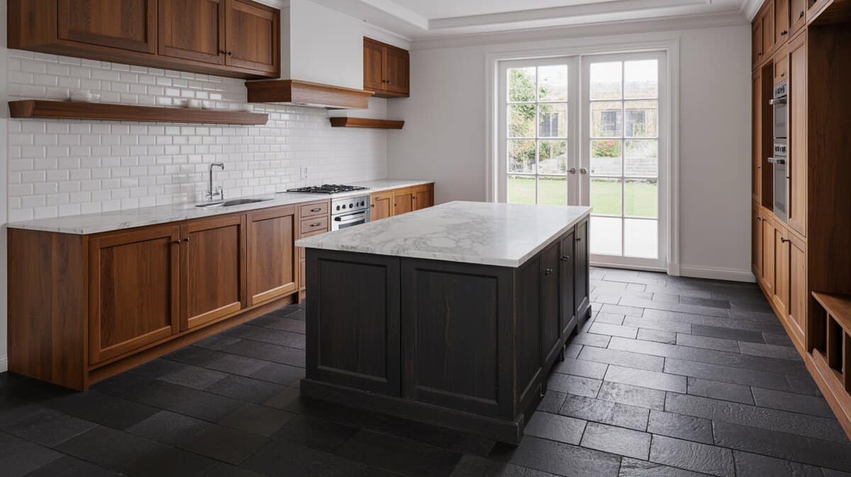 Oak cabinets with a dark island, Calacatta marble top and white subway tile