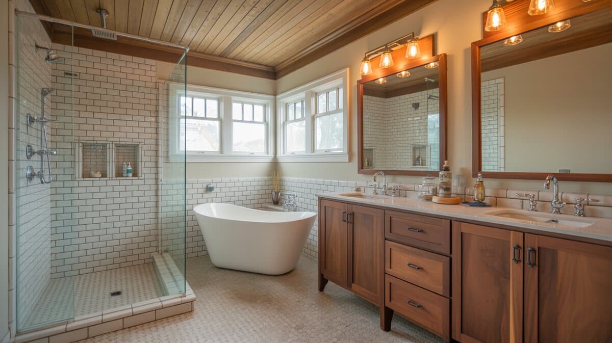 Walnut double vanity faces a freestanding tub and white subway tile shower