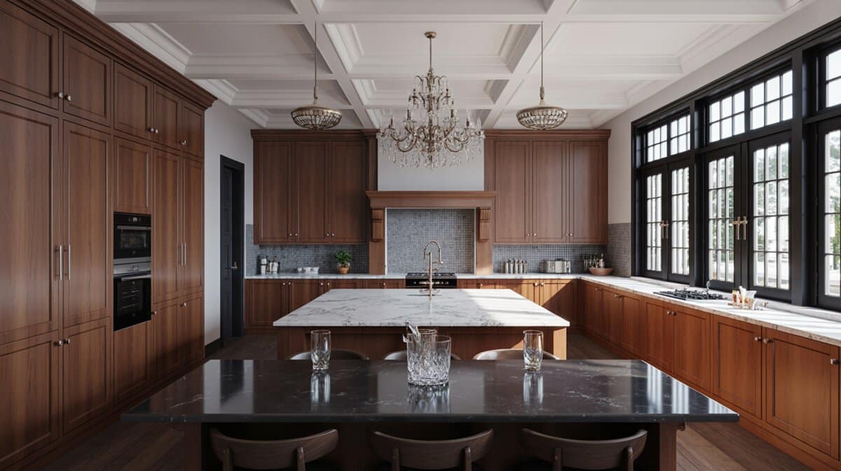 Walnut cabinets with crystal chandelier, white marble island and coffered ceiling