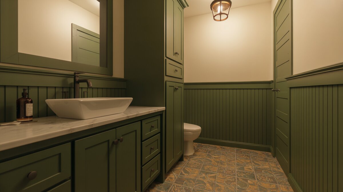 Deep green beadboard powder room with a white vessel sink and patterned floor