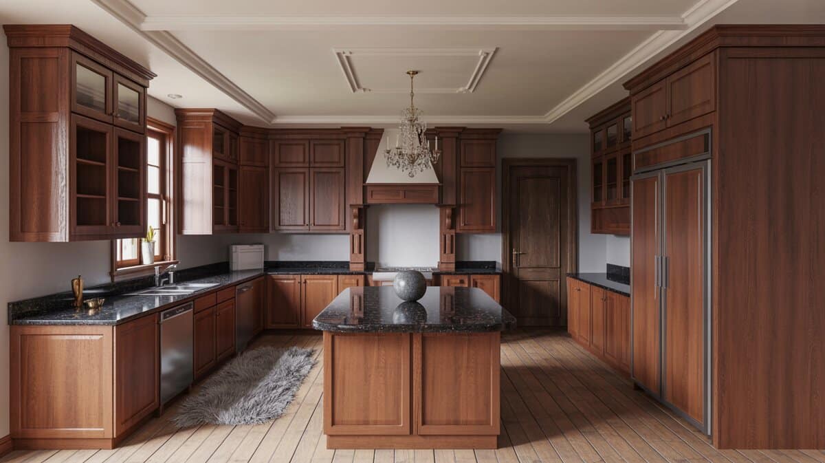 Mahogany traditional cabinets with crystal chandelier and black granite island