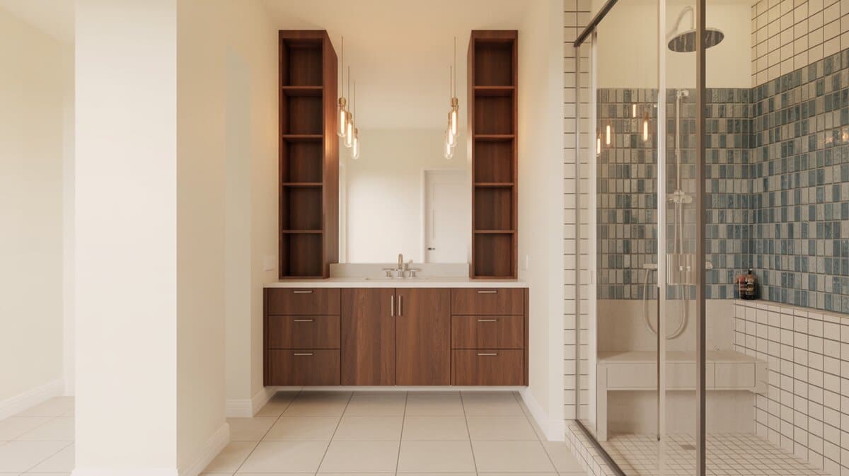 Walnut floating vanity with twin towers beside a denim blue mosaic shower