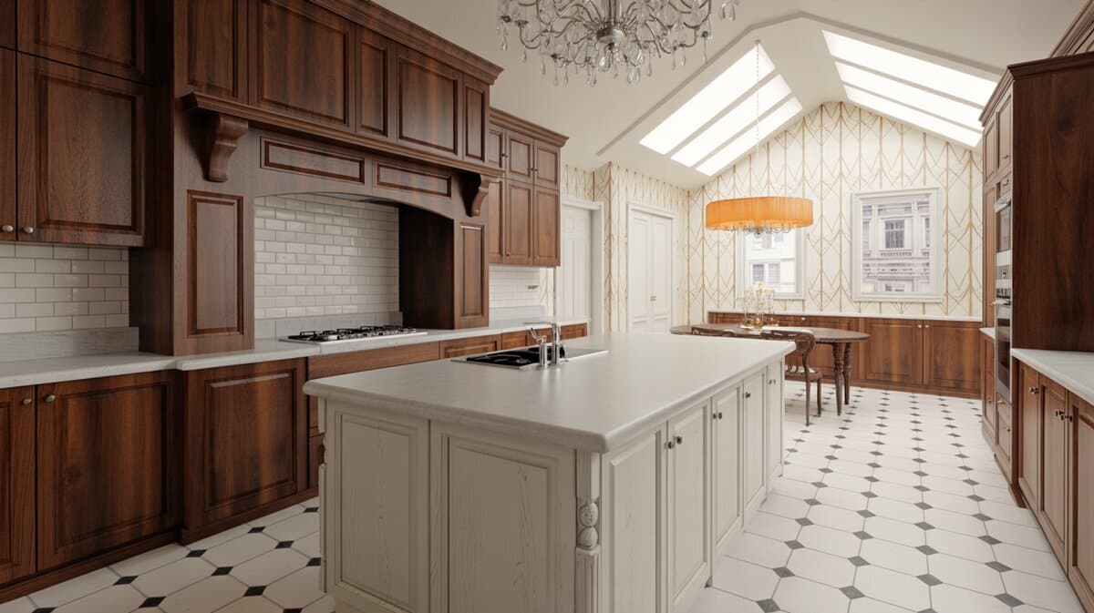 Walnut kitchen with white island, vaulted skylight and orange drum pendant