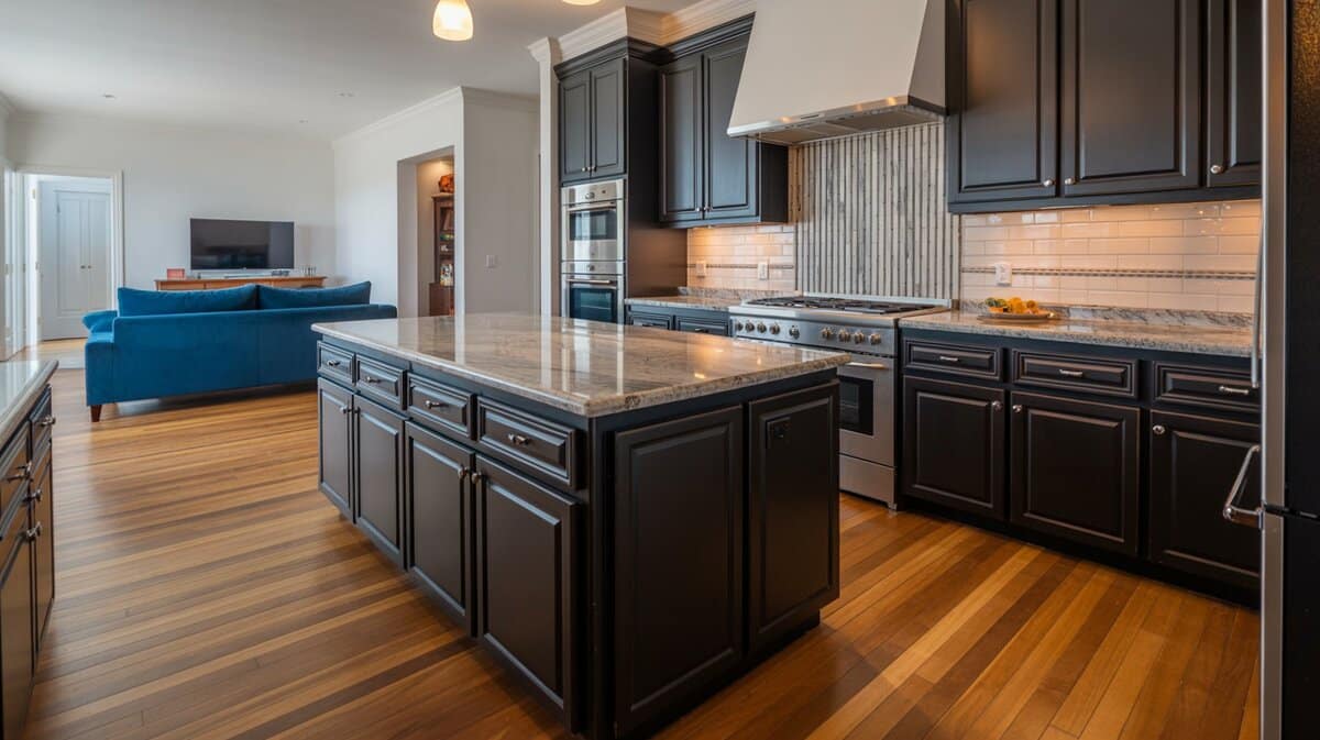Black cabinets with granite island, hickory floors and a blue open living room