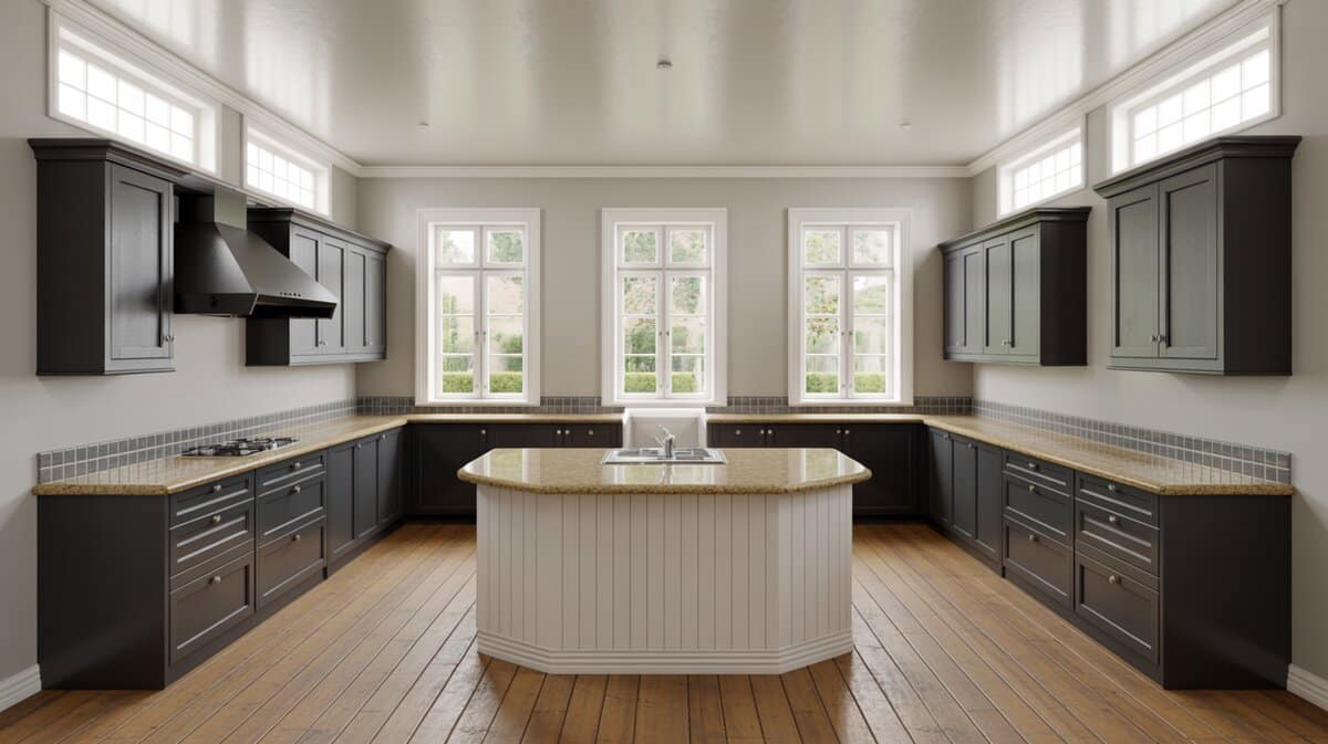 Charcoal cabinets with white curved island and beige granite under bright windows