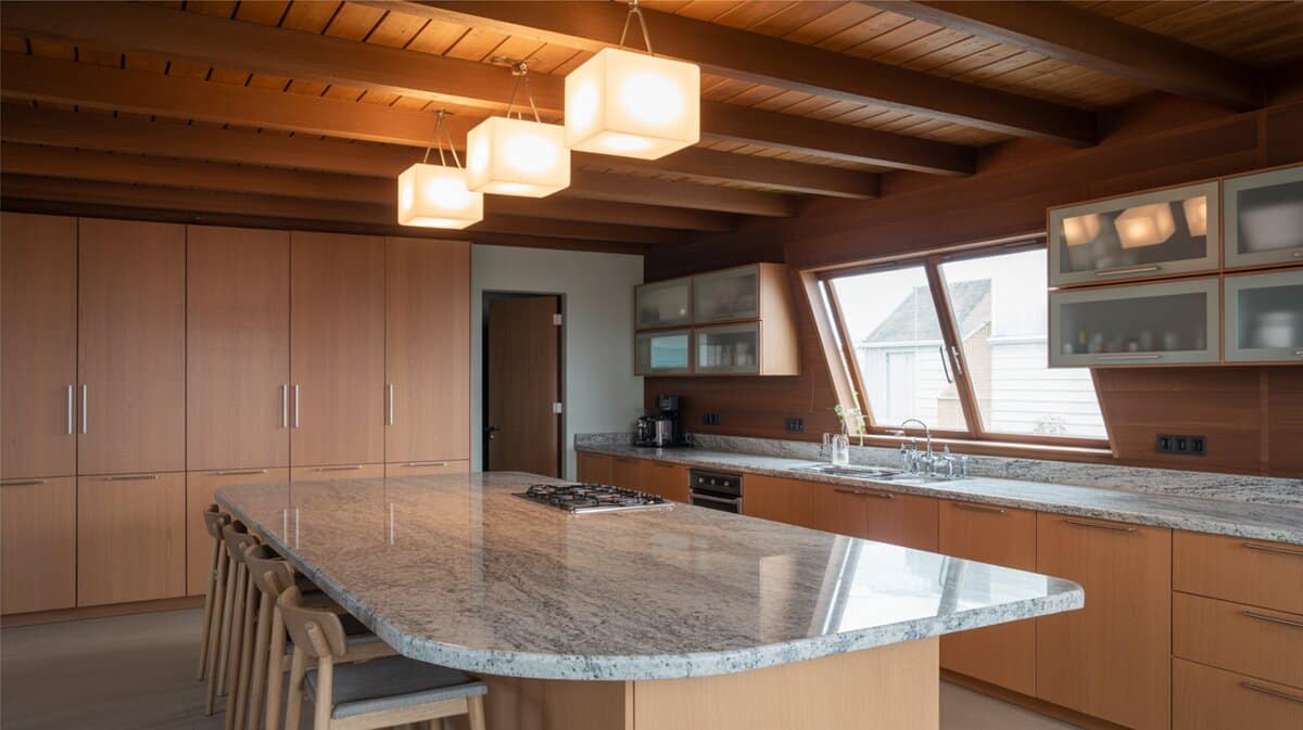 Light oak kitchen with cube pendants and a curved grey granite island under beams