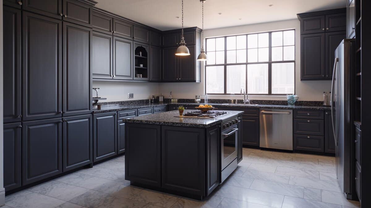 Black raised panel cabinets with a granite range island and city view window