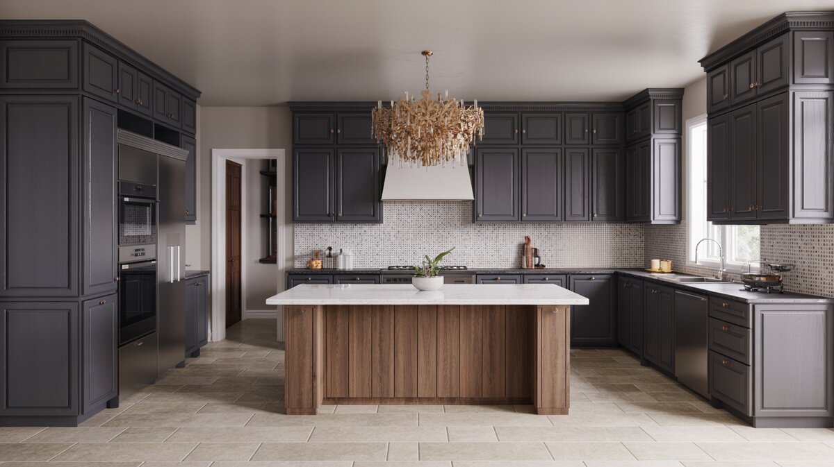 Grey cabinets with a gold chandelier and wood based white quartz island