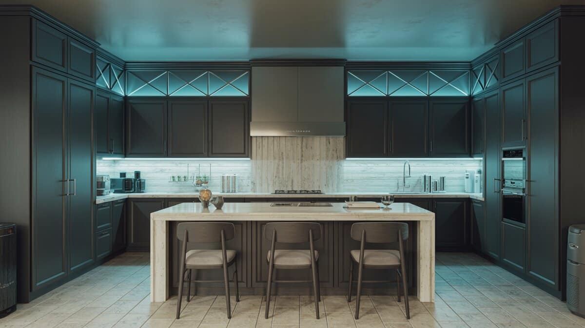 Dark cabinets with blue LED cove lighting and a cream marble breakfast island