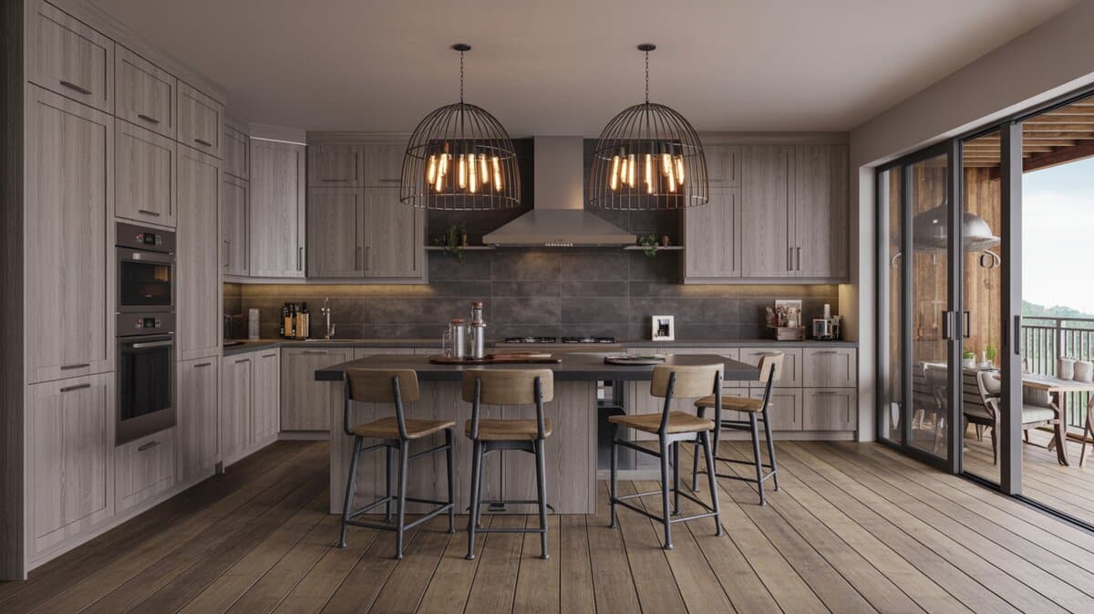 Grey wood kitchen with caged Edison pendants and an island opening to a balcony