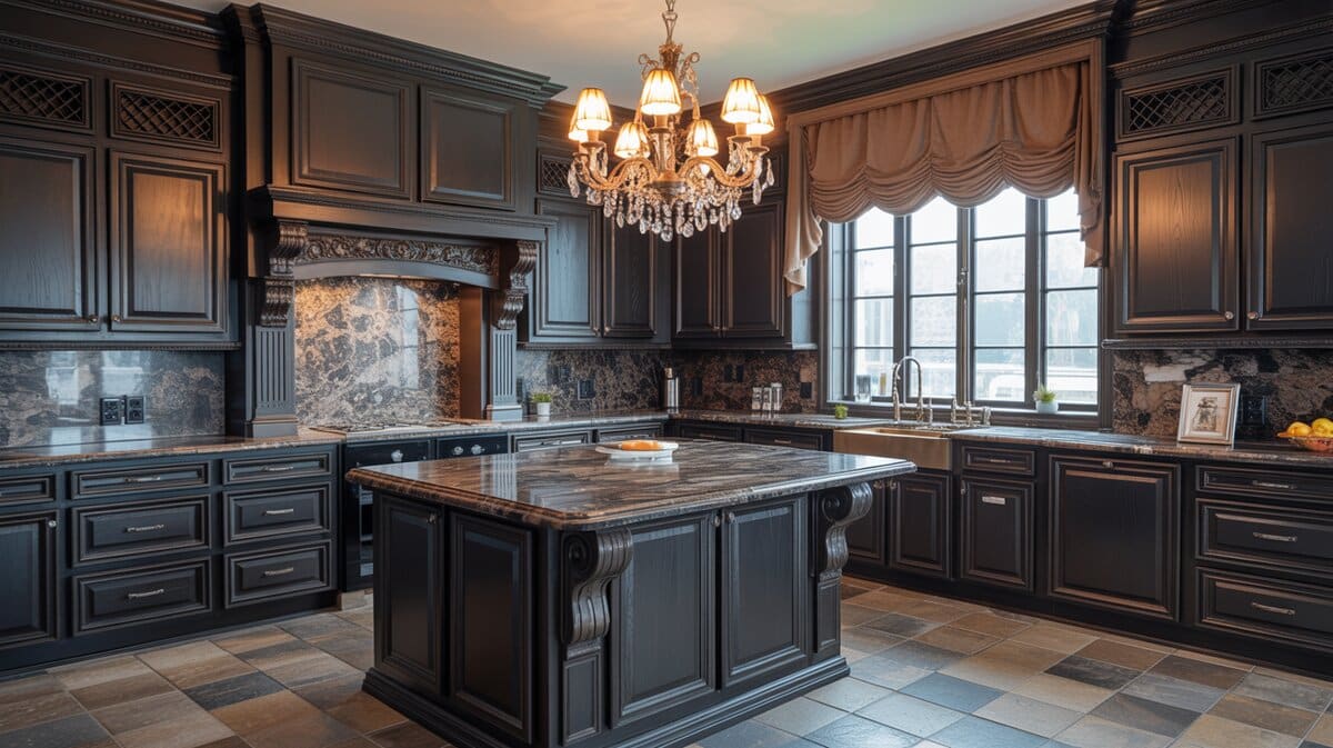 Black ornate cabinets with crystal chandelier and brown Emperador marble island