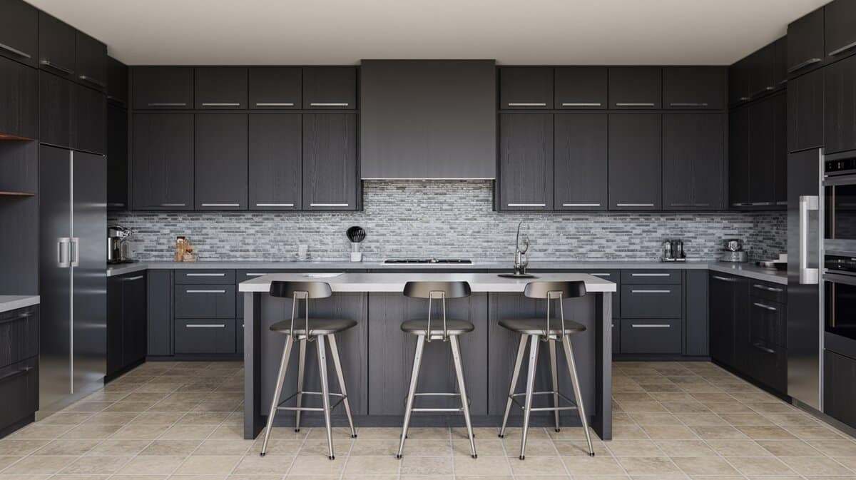 Black cabinets with glass mosaic backsplash and grey island with metallic stools
