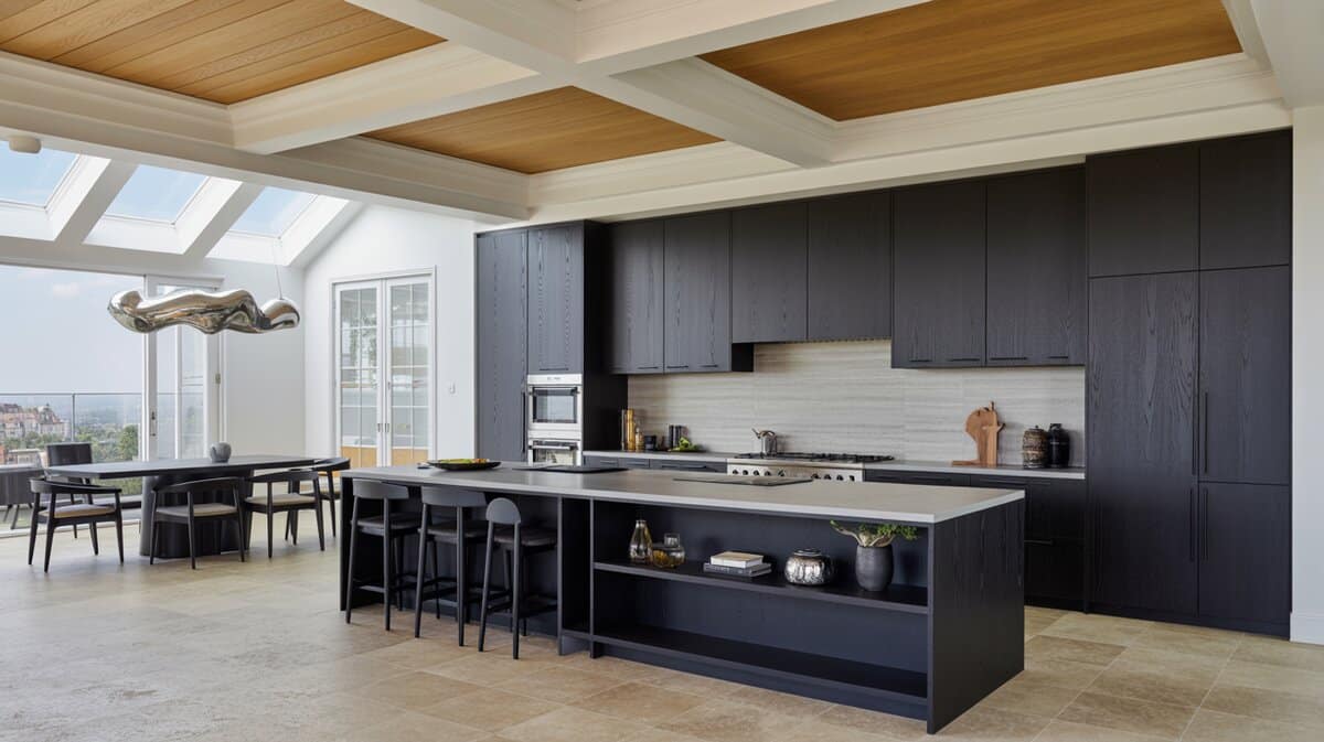 Black cabinets with a sculptural pendant, skylights and grey topped island shelf