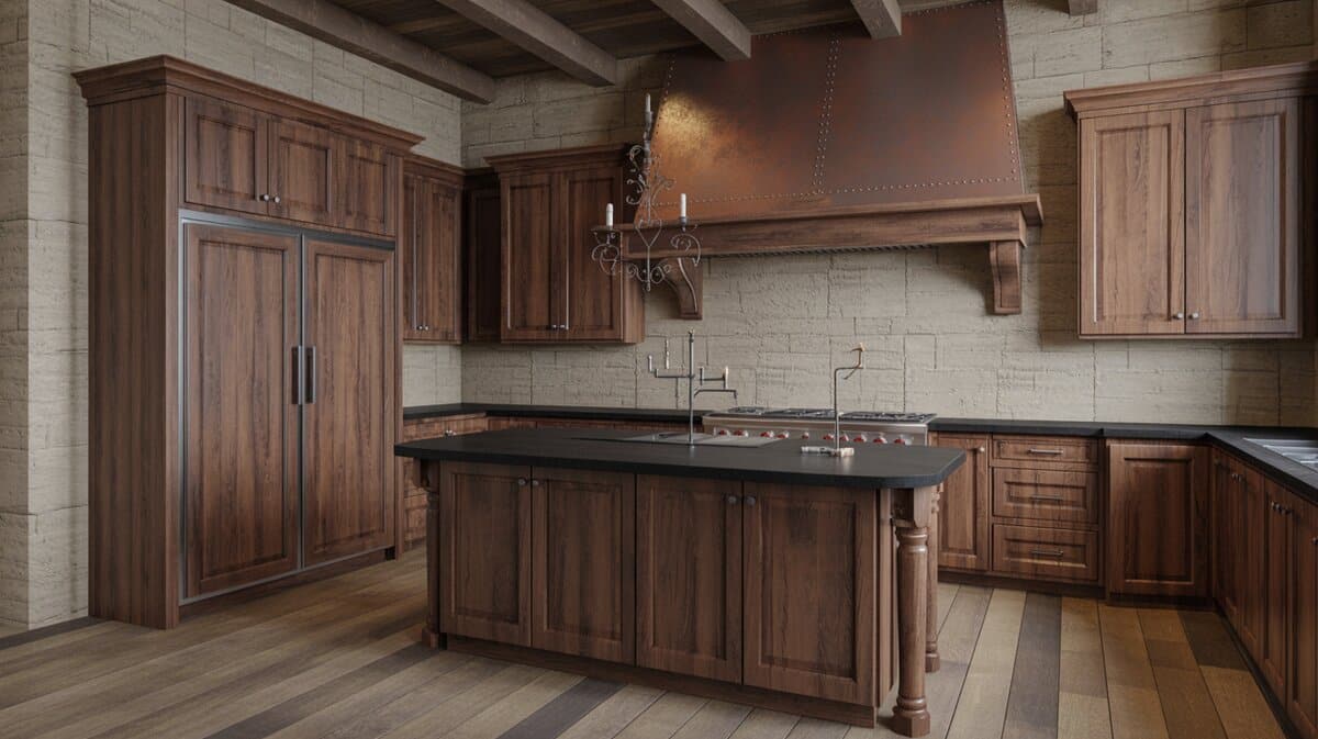 Rustic walnut kitchen with copper hood, iron candelabra and black stone island