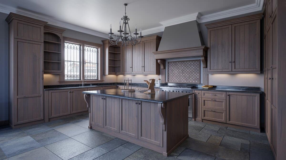 Grey washed oak cabinets with an iron chandelier and black stone island