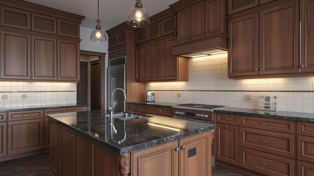 Walnut cabinets with glass pendants and a black speckled granite center island